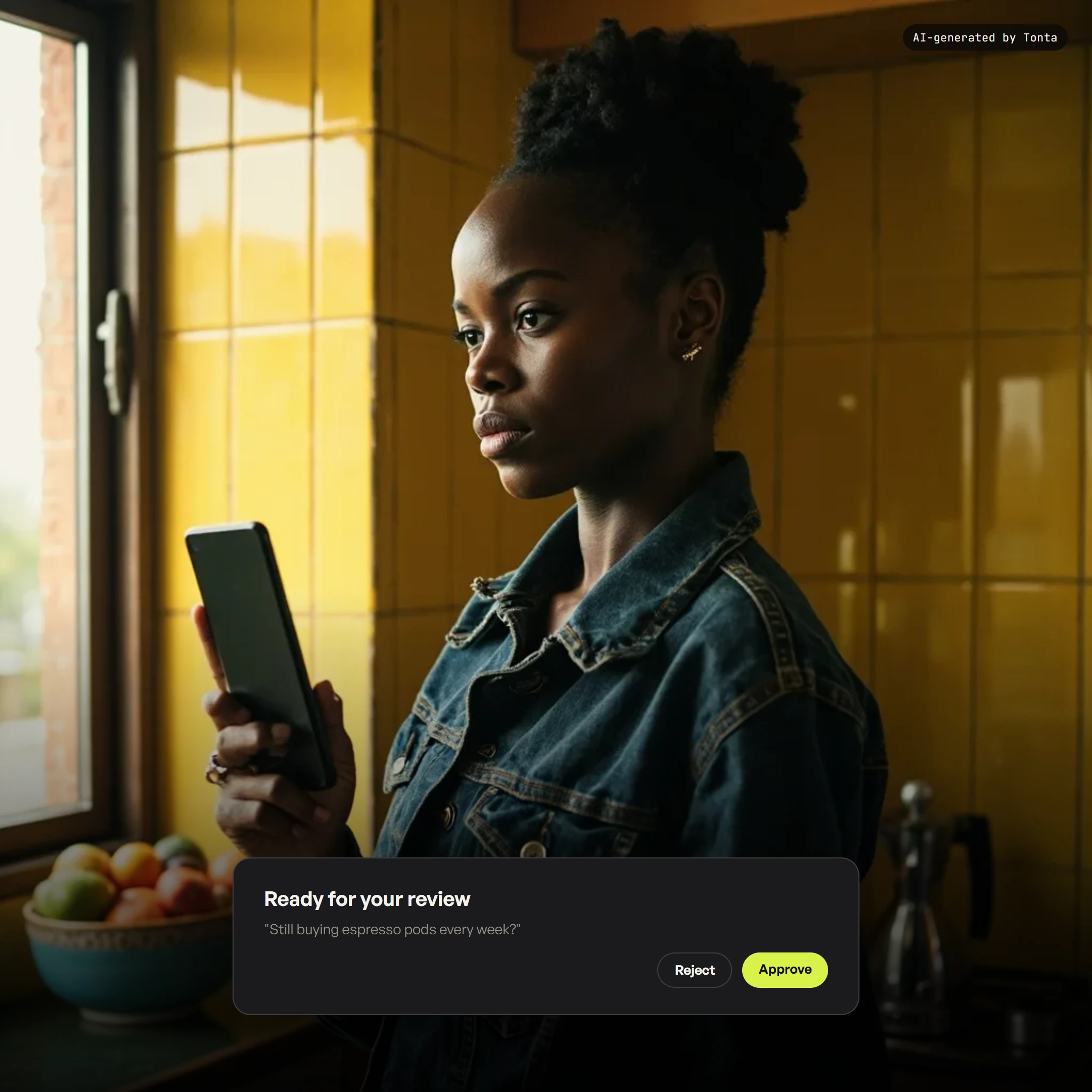 A fictional creator about to tap approve on a phone in a bright yellow-tiled kitchen.