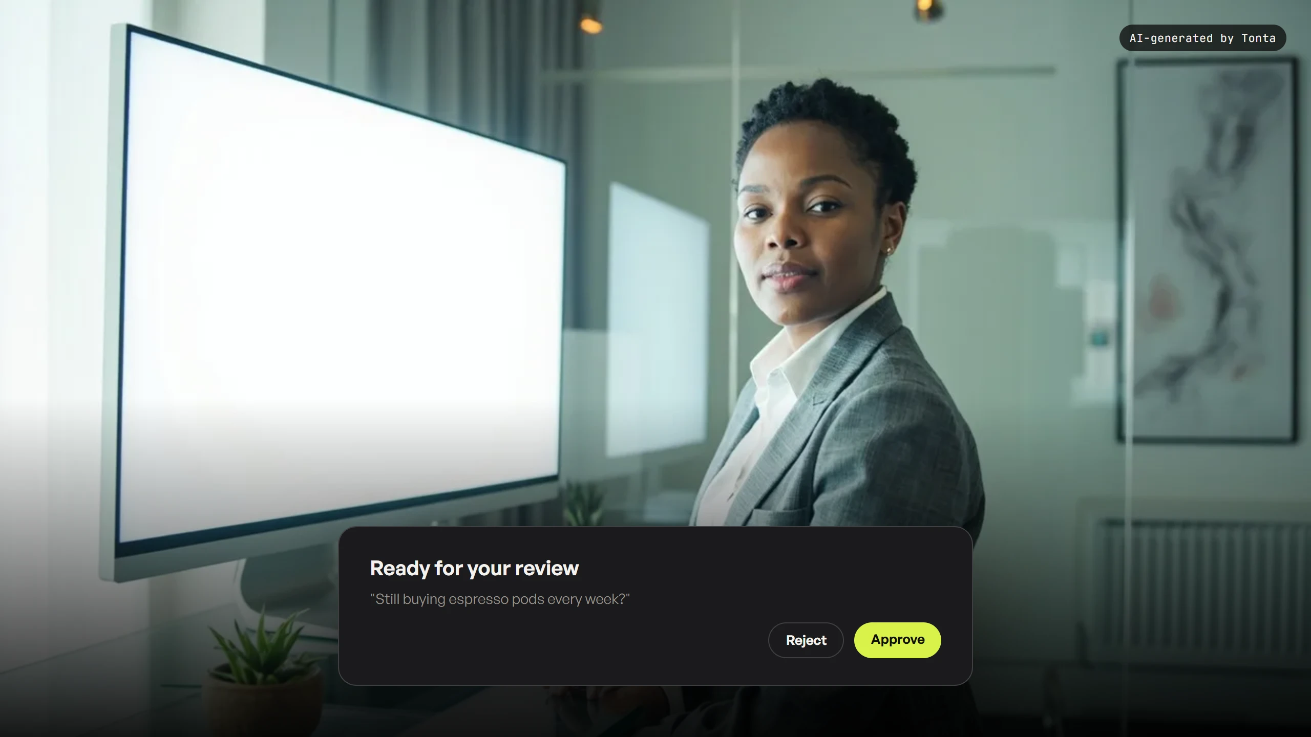 A fictional creator reviewing a finished cut on a glowing white monitor in a glass-walled office.