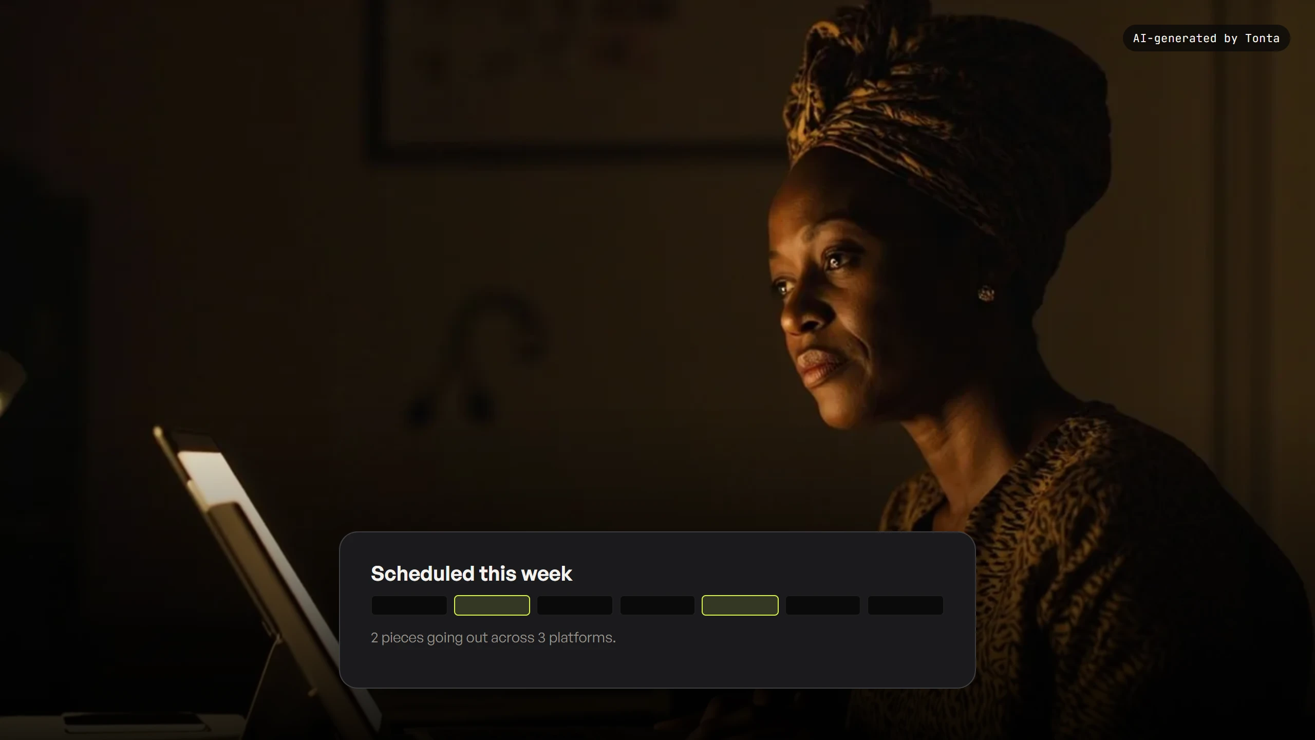 A fictional creator glancing at her phone in a home office, a wall calendar with red pins behind her.
