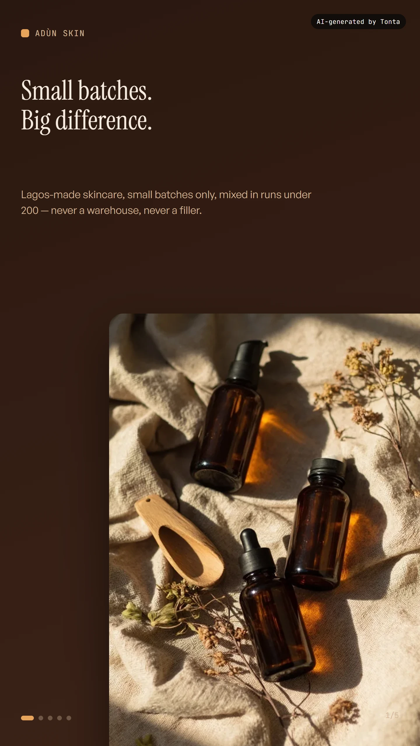 Flat-lay of three unlabeled amber glass skincare bottles on linen with dried botanicals, soft natural light.