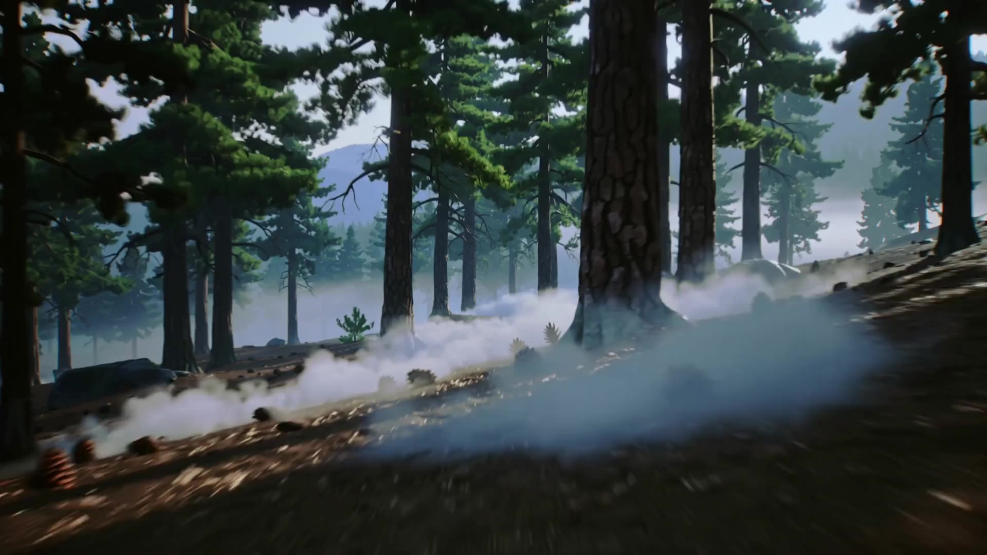 A drone-style push through a foggy pine forest at dawn, demonstrating dynamic camera motion.