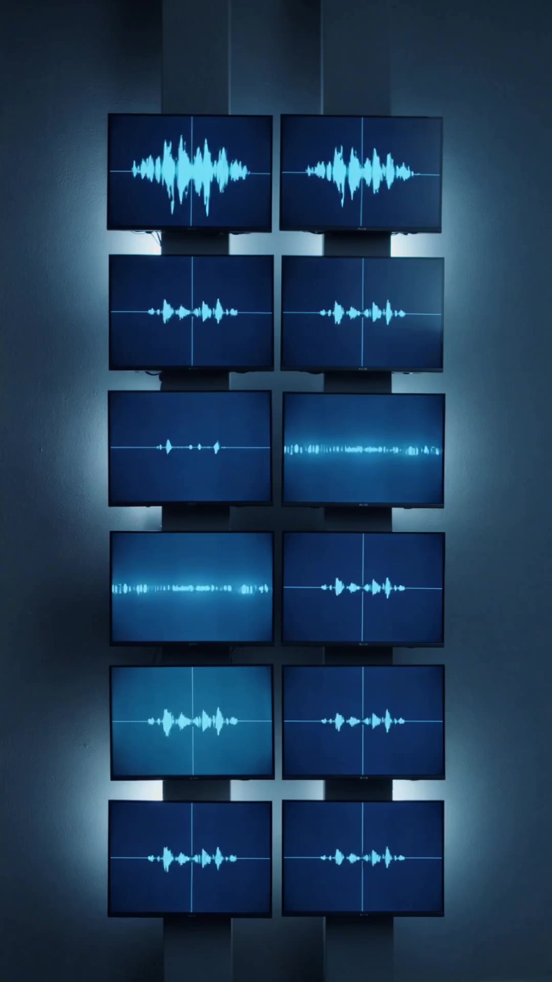 A dark monitor wall showing abstract waveform and timeline graphics.
