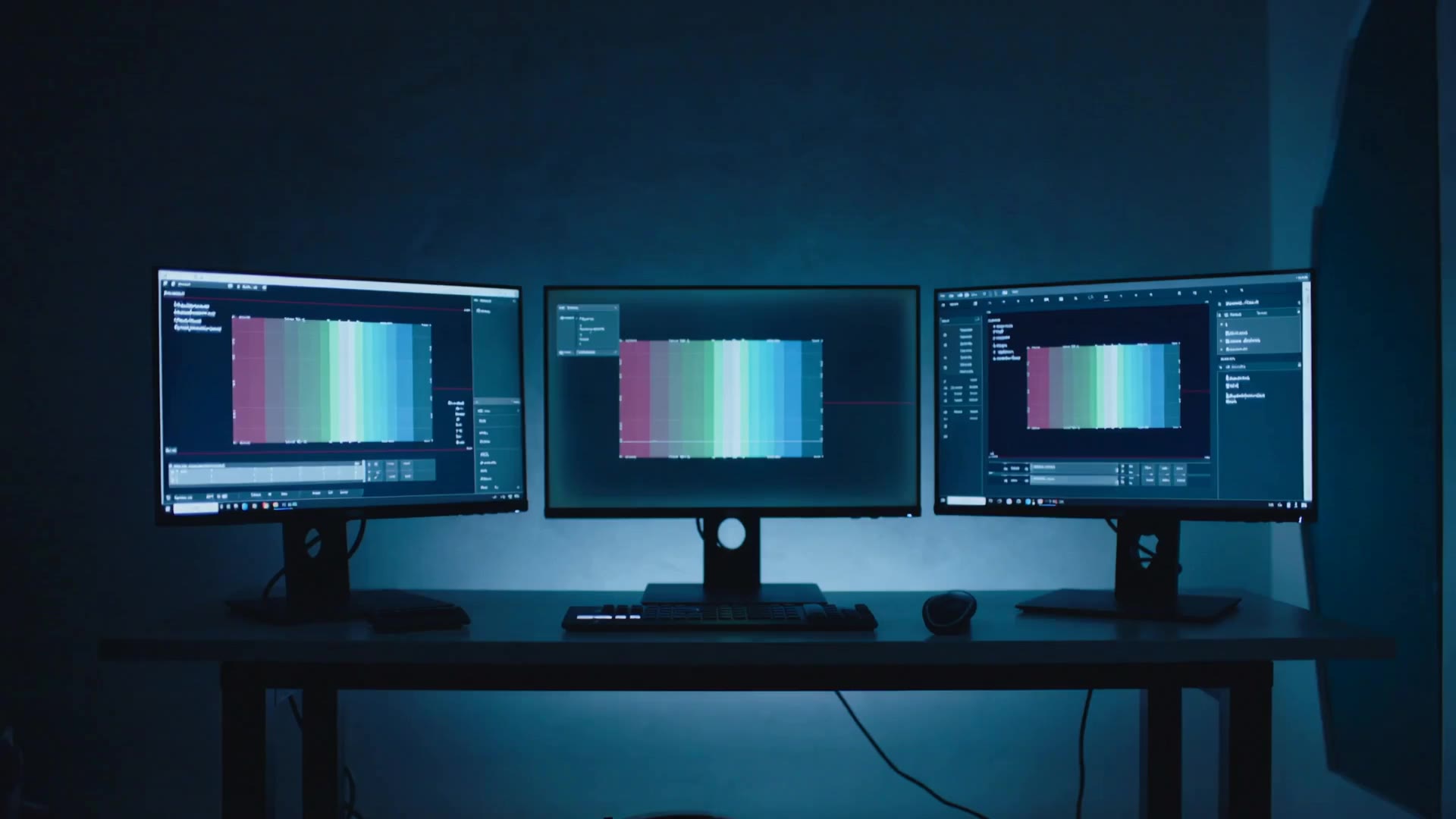 A dark editing suite with monitors showing abstract colour-grading scopes.