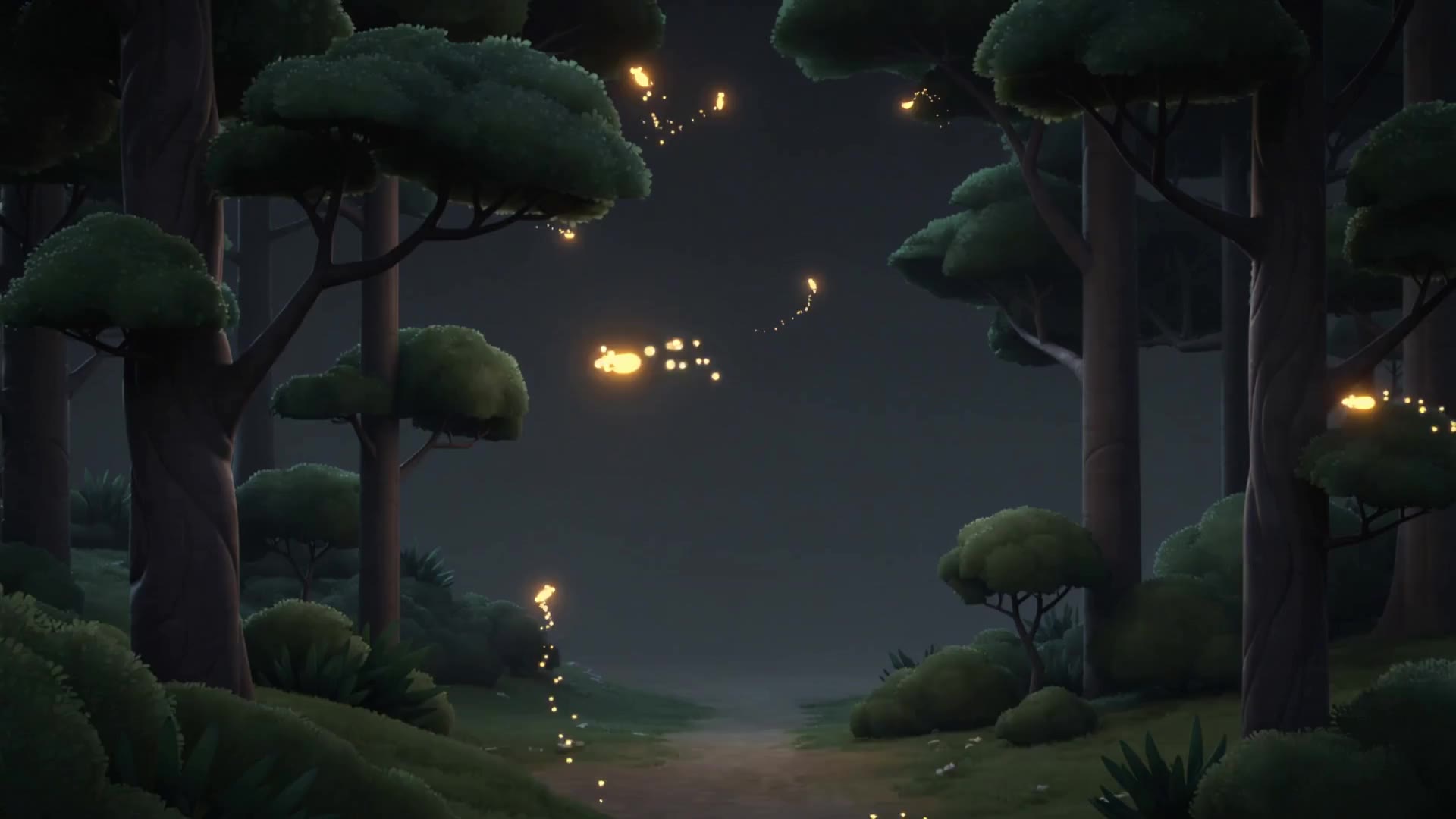 A stylised animated forest clearing at dusk with glowing fireflies.