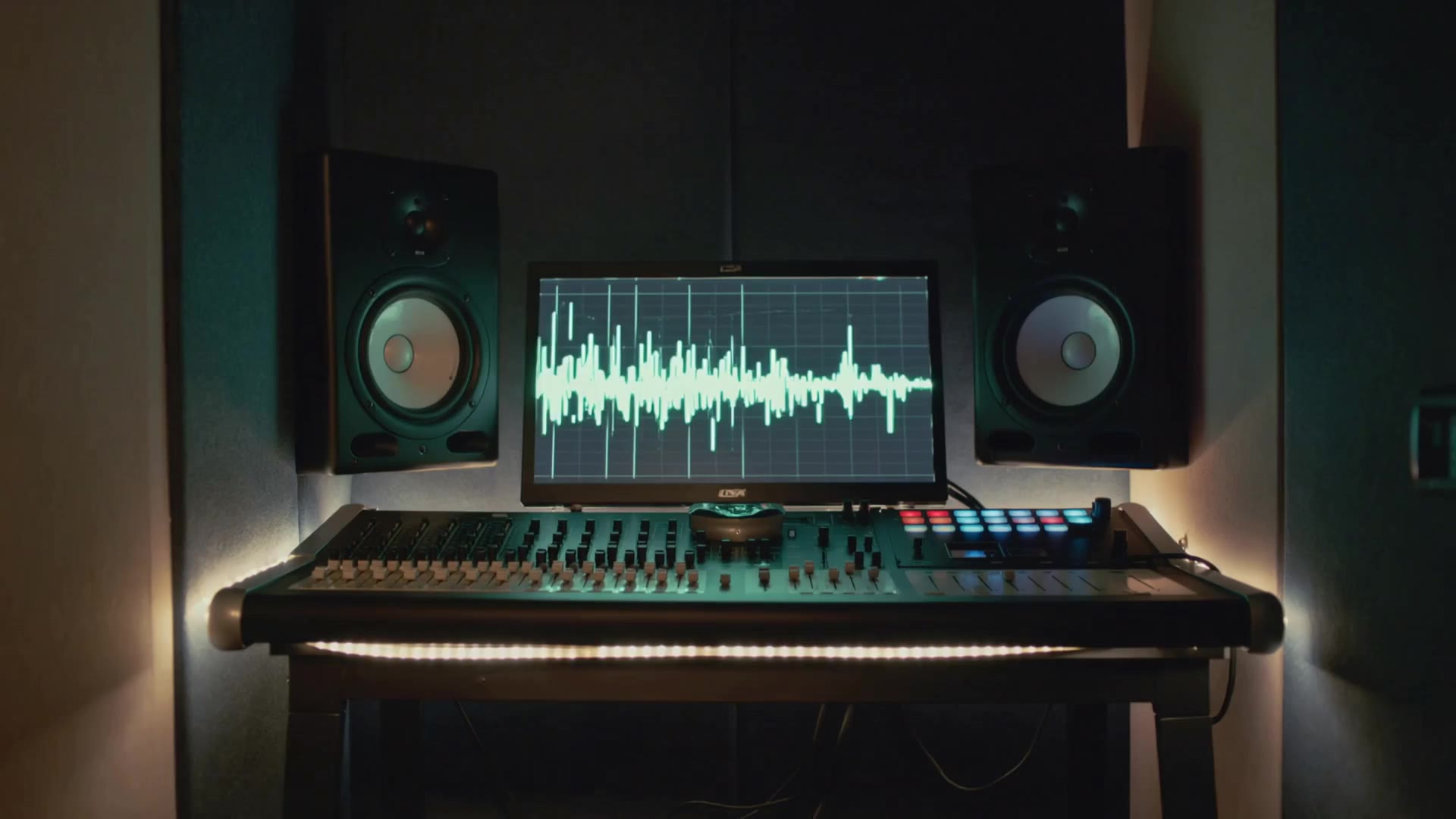 A dark sound booth with a glowing waveform display.