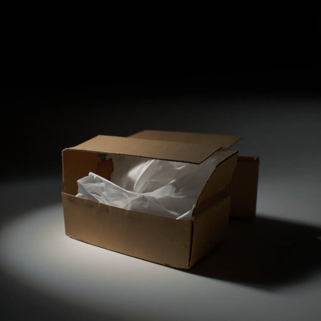 An unbranded shipping box half-open on a studio surface.