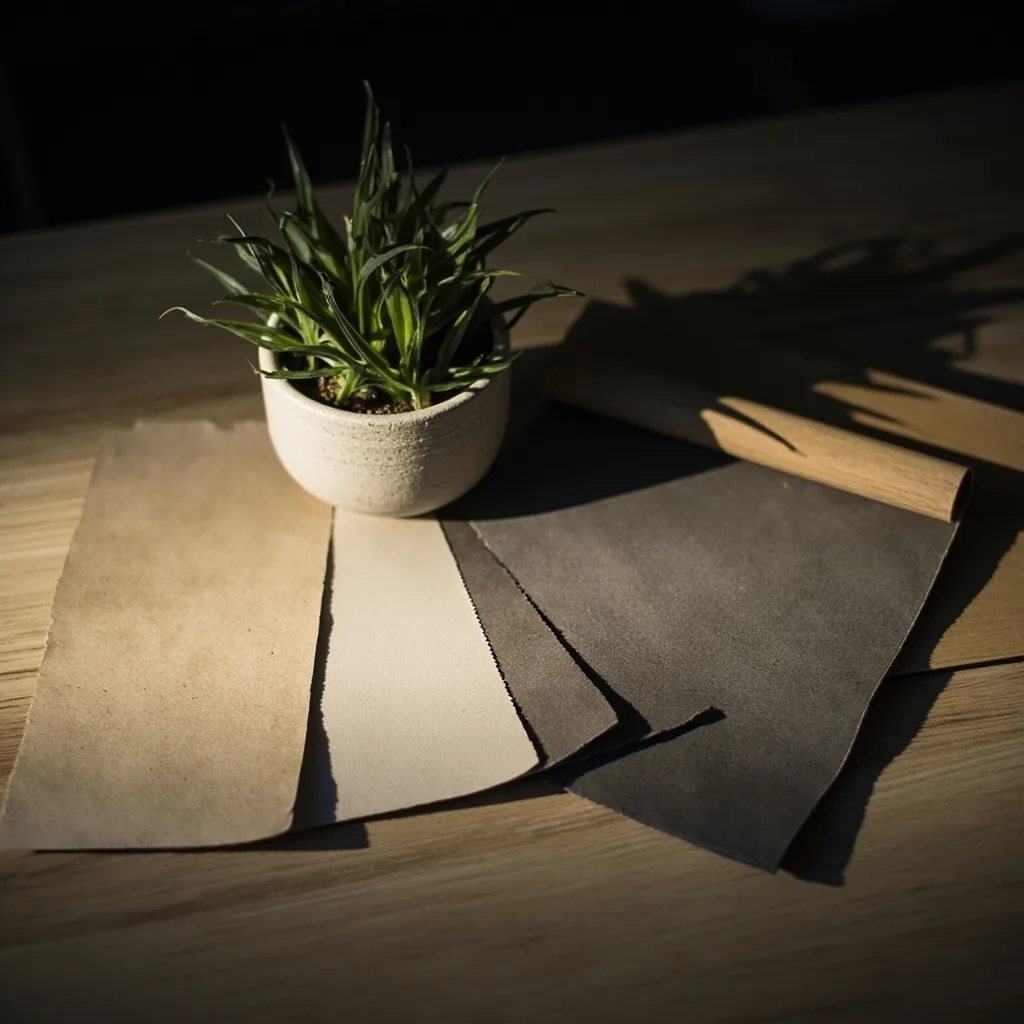 Neutral packaging swatches and a small potted plant, flat lay.