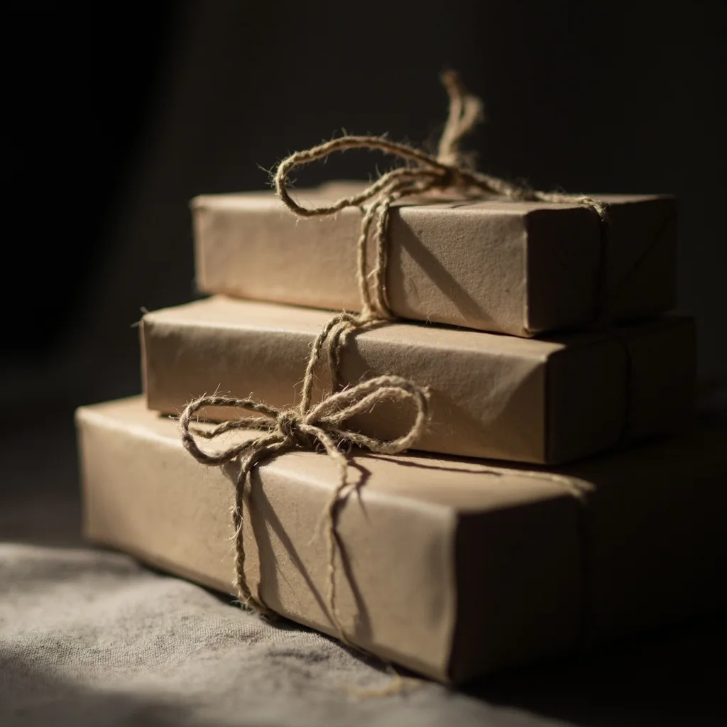 A stack of neutral kraft-paper gift boxes tied with twine.