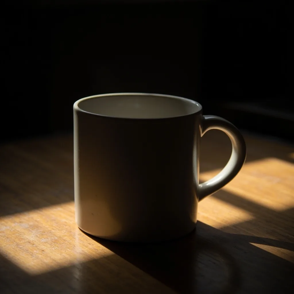 A matte ceramic mug catching soft morning light on a wooden table.