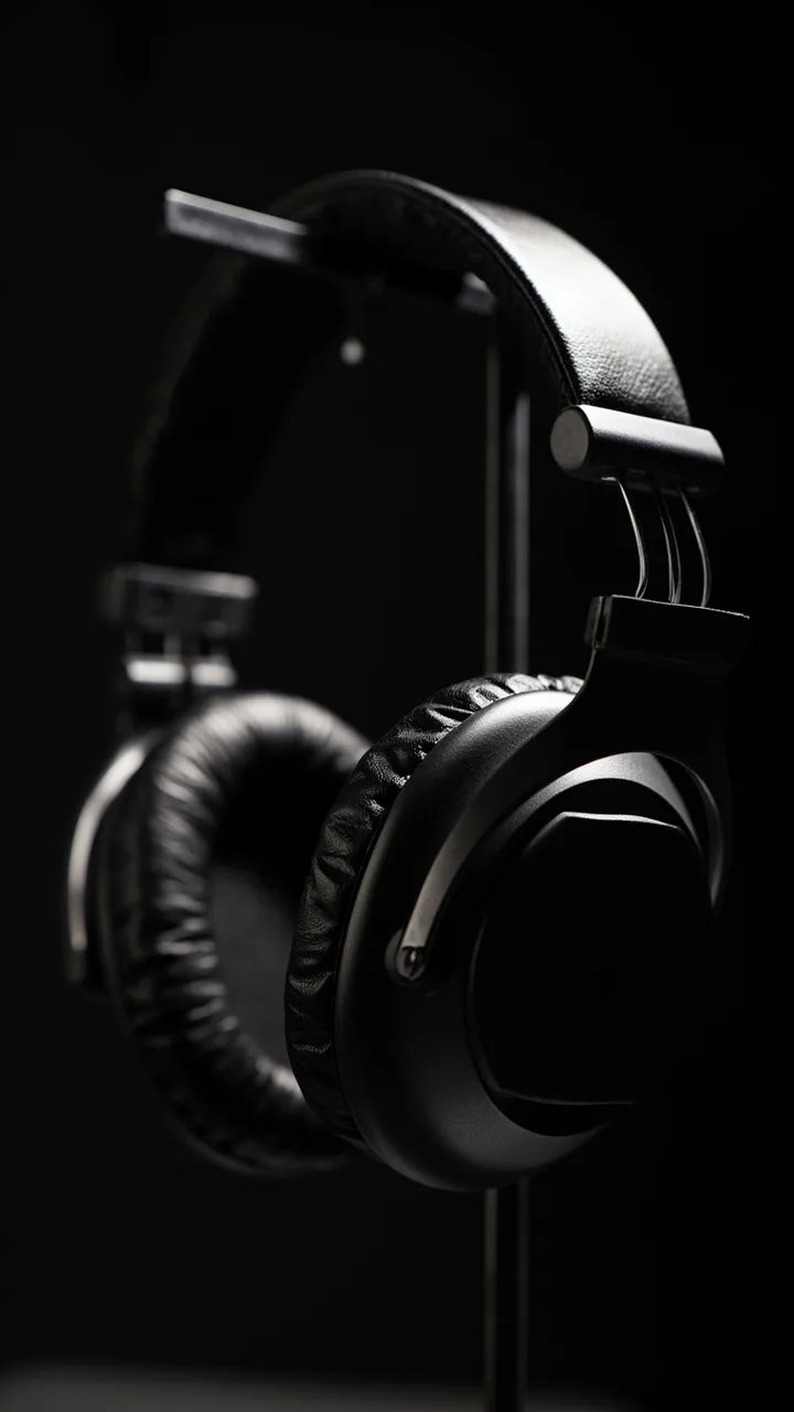 Studio-grade over-ear headphones hanging on a stand.