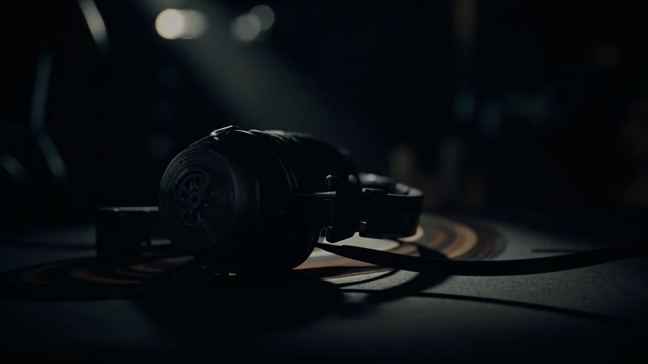 A film reel and headphones on a dark studio desk.