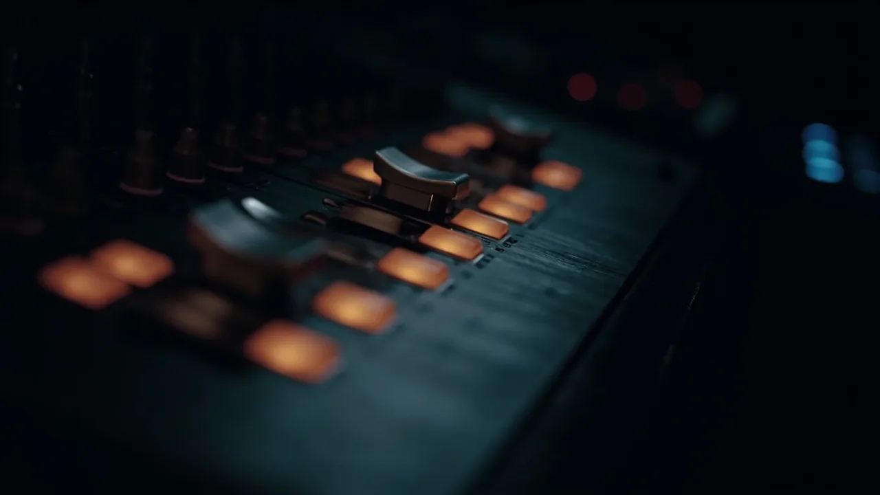 A mixing console with glowing faders in a dark room.