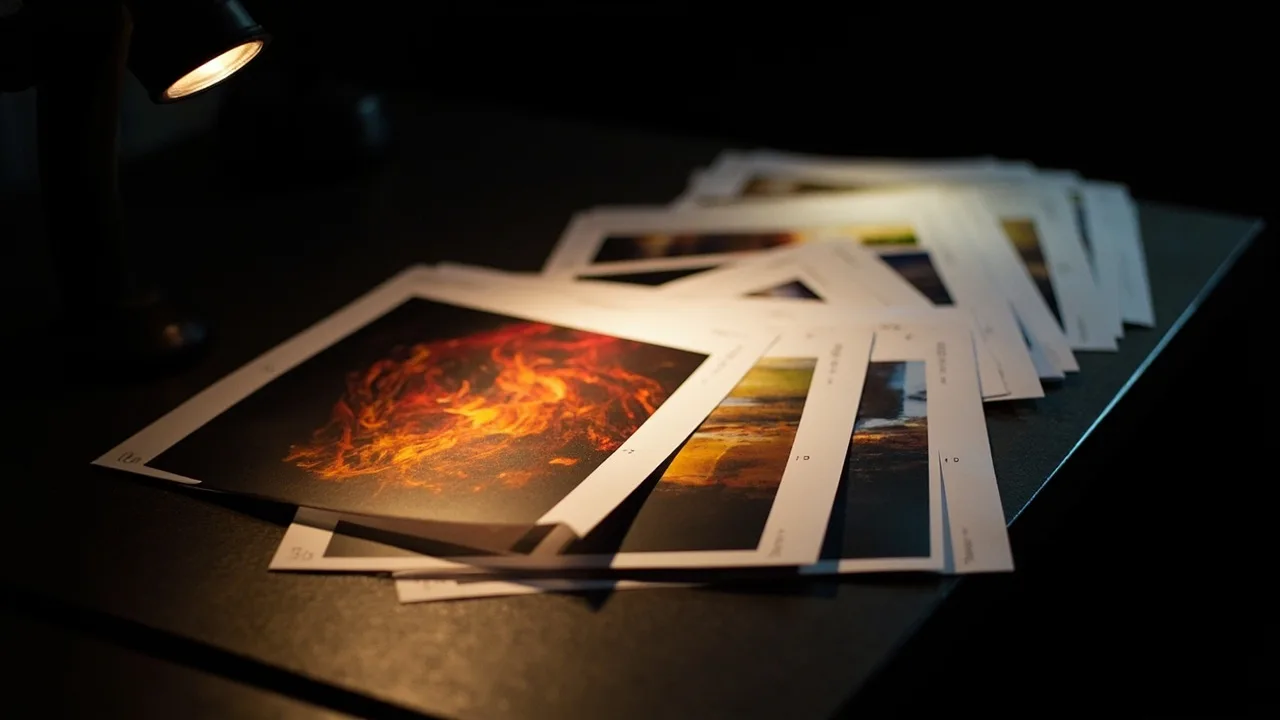 Colour-grading reference prints fanned out on a dark desk.