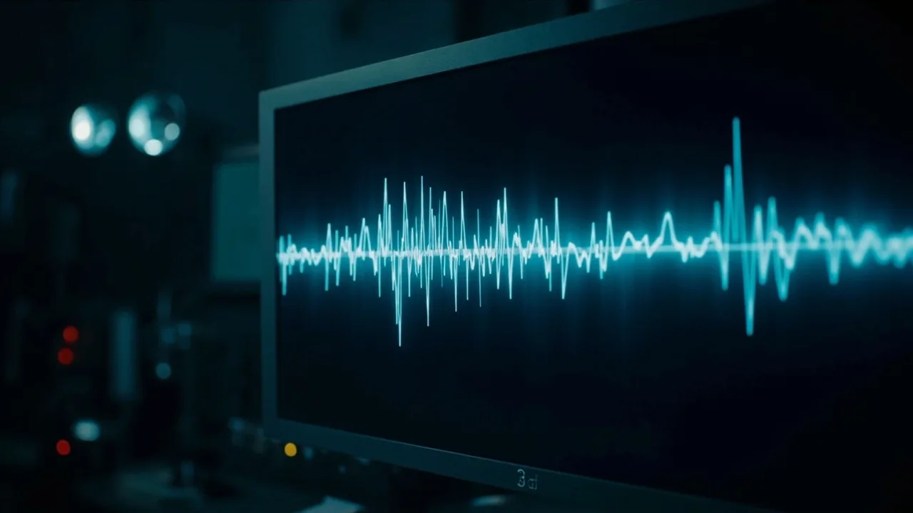 A monitor showing an abstract waveform scope in a dark room.