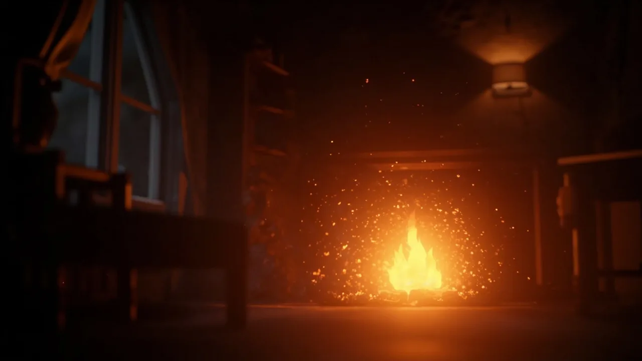 A stylised animated cottage interior lit by warm firelight.
