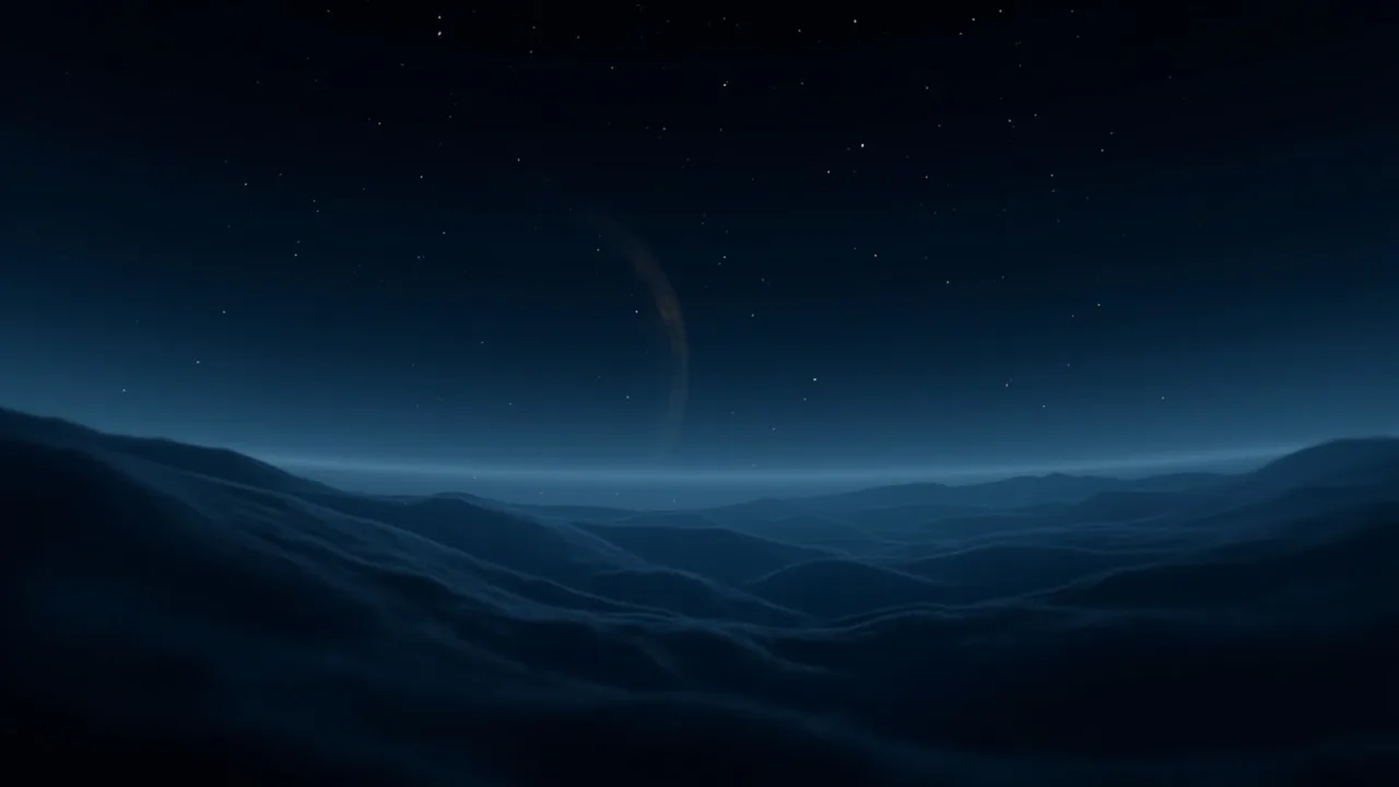 A stylised animated night sky over rolling hills.
