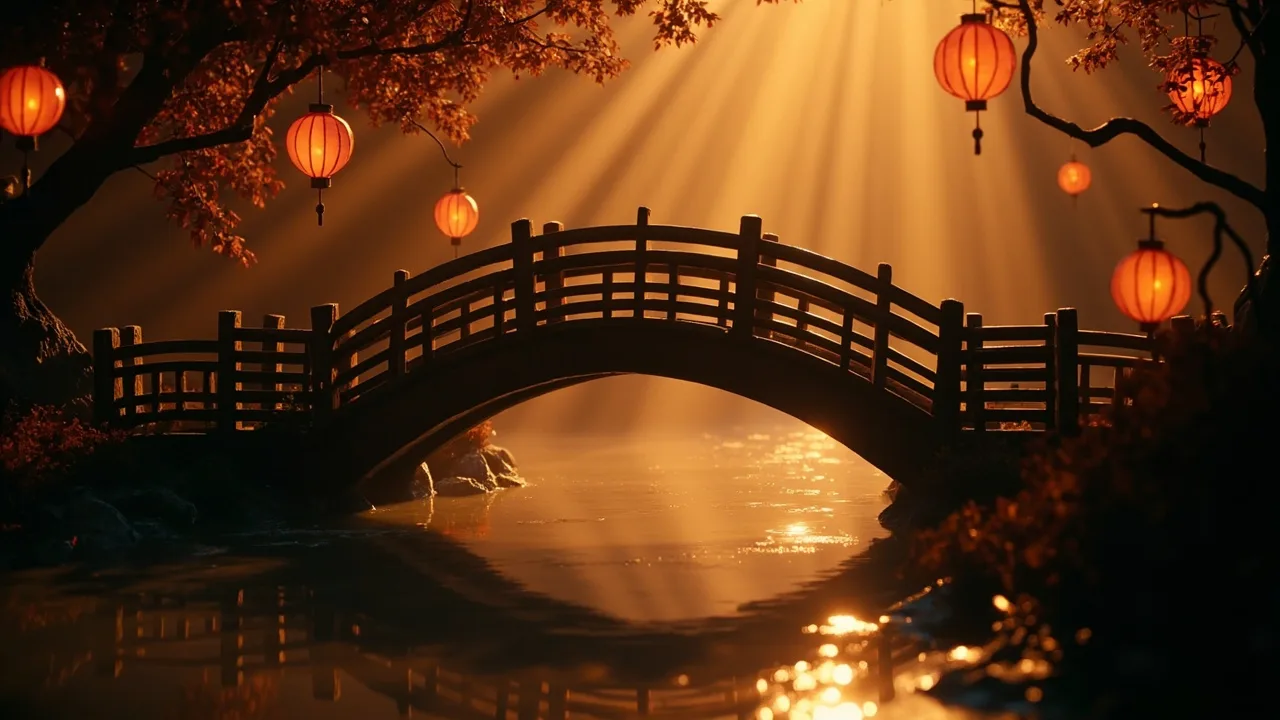 A stylised animated lantern-lit bridge over a calm stream.