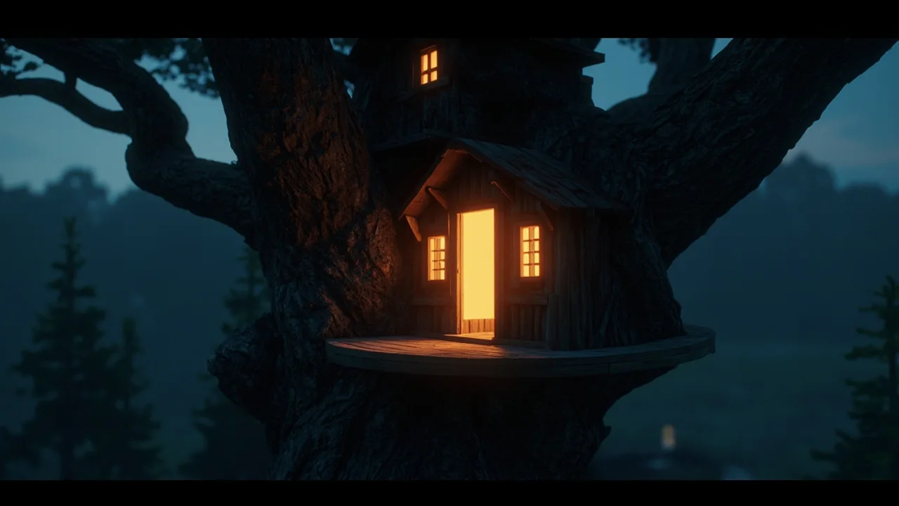 A stylised animated treehouse nook with warm glowing windows at dusk.