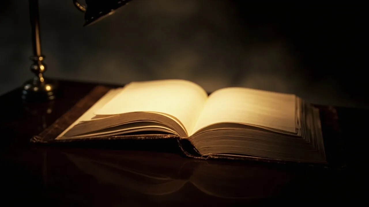 An open script on a desk beside a small lamp.