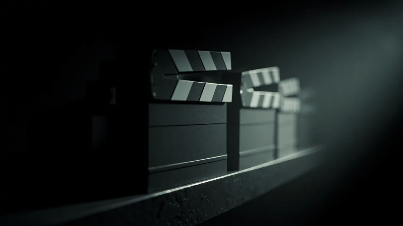 Plain clapperboards stacked on a dark shelf.
