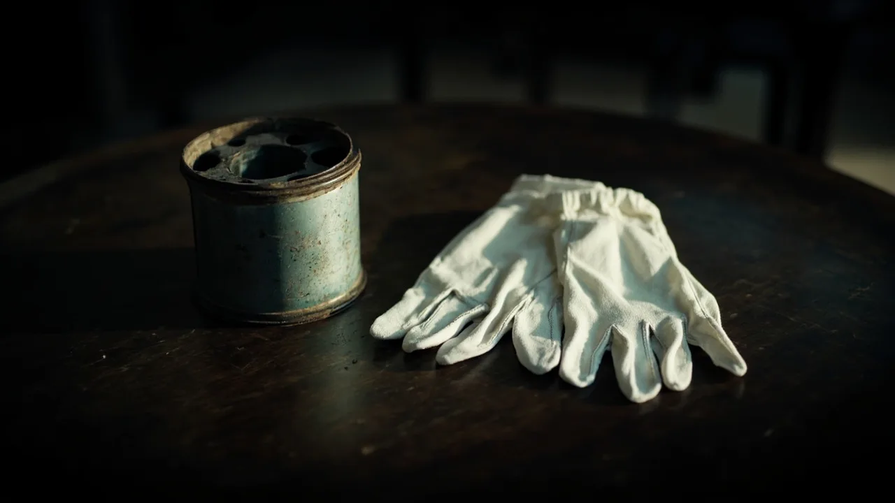 A vintage-style film reel canister beside a pair of white cotton gloves.