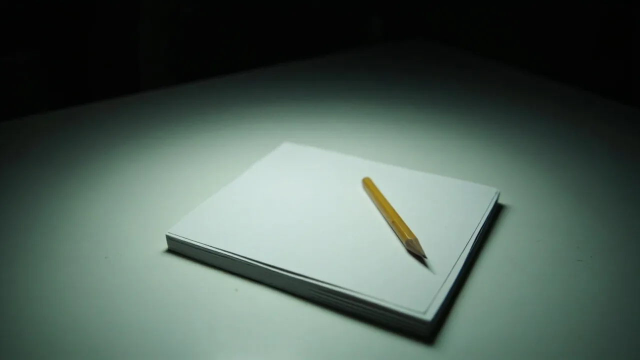 Blank index cards and a pencil on a light desk.