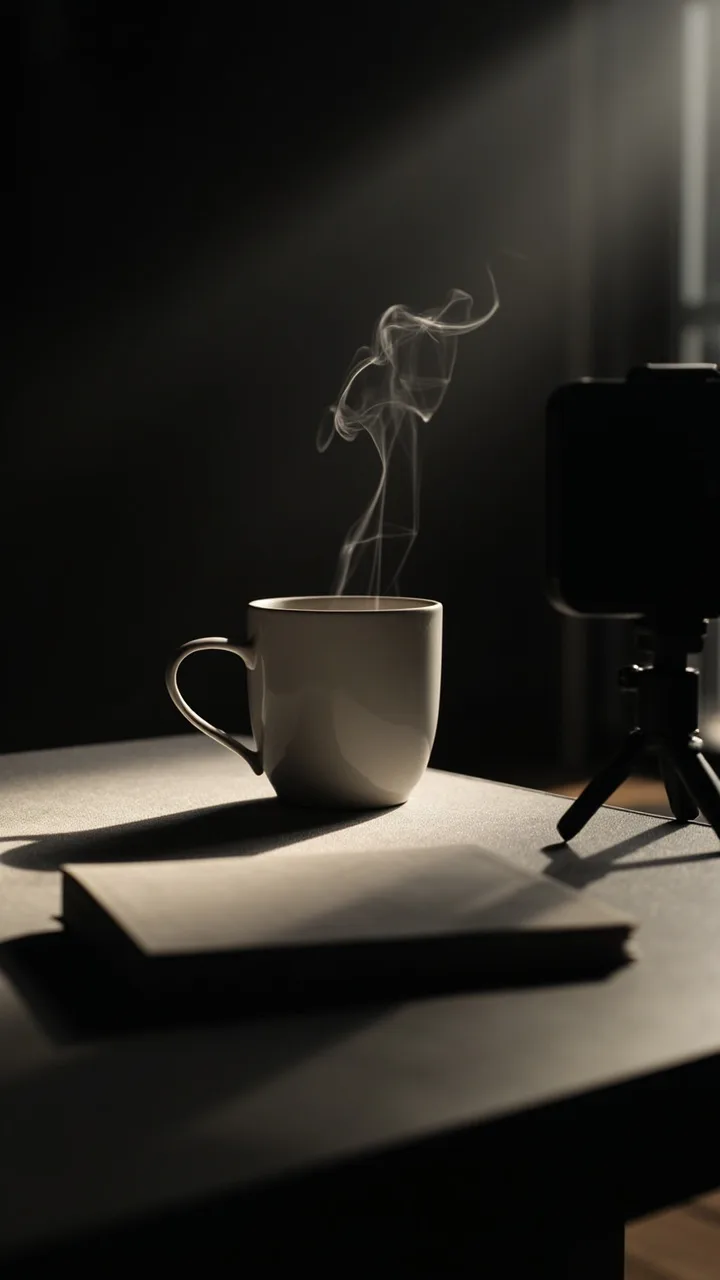 A notebook, coffee cup and phone on a tripod, lit by moody window light.