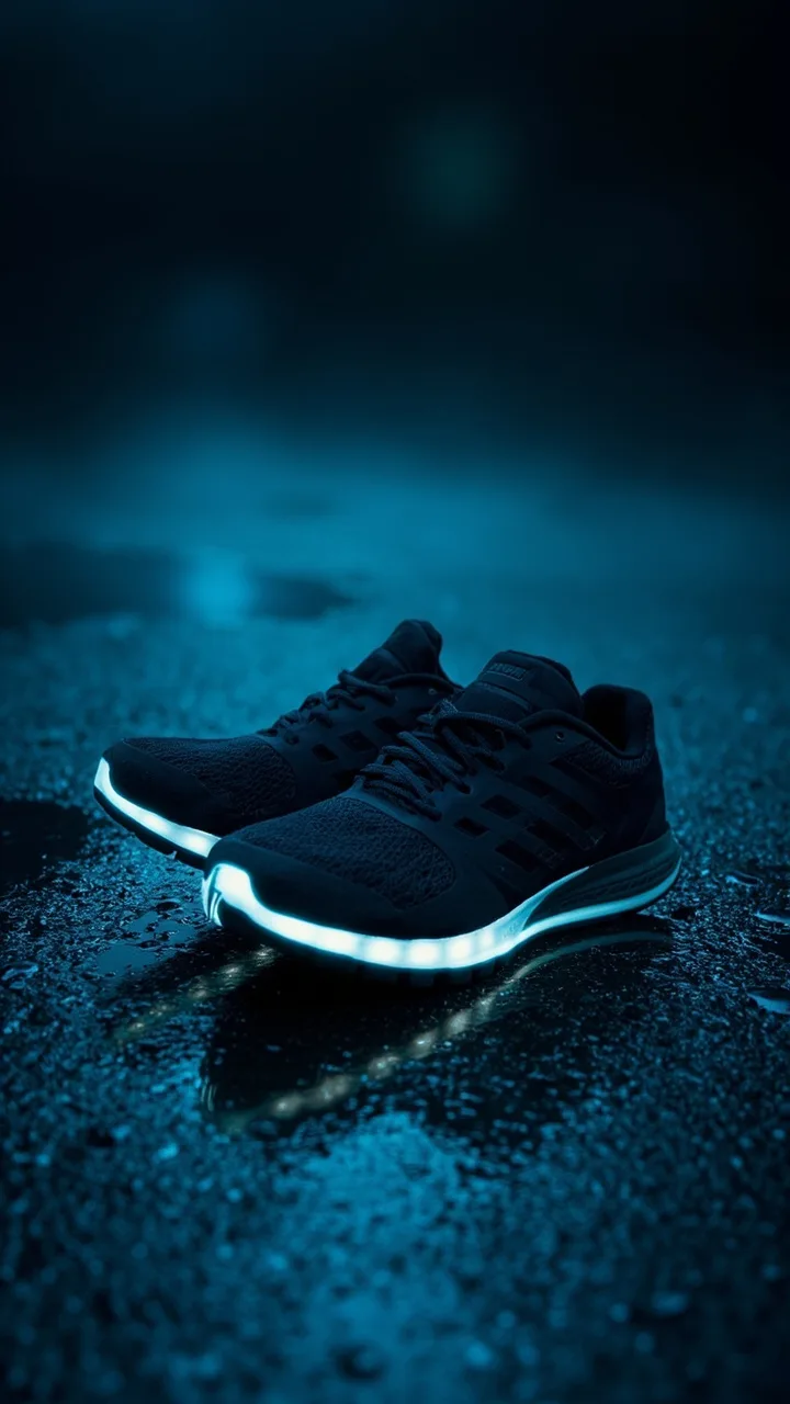Unbranded running shoes on wet pavement at blue hour.