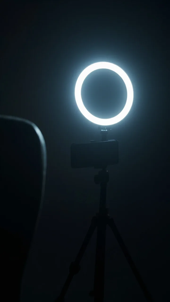 A ring light and phone mount casting a soft glow in a dim room.