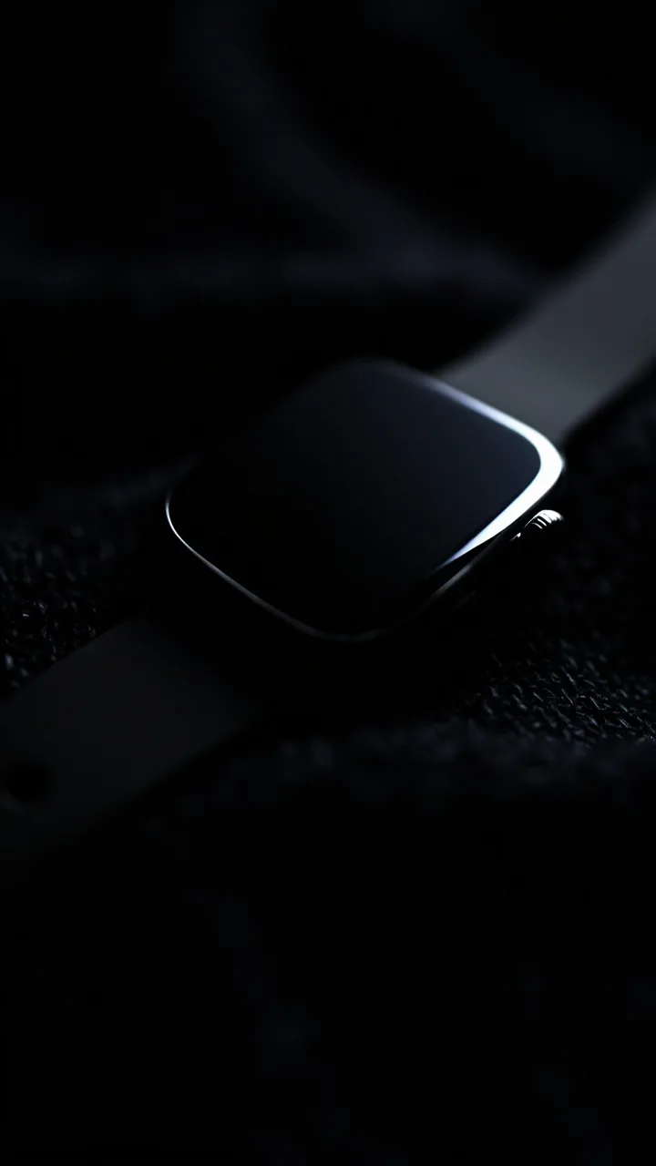 A smartwatch face resting on a dark linen surface.