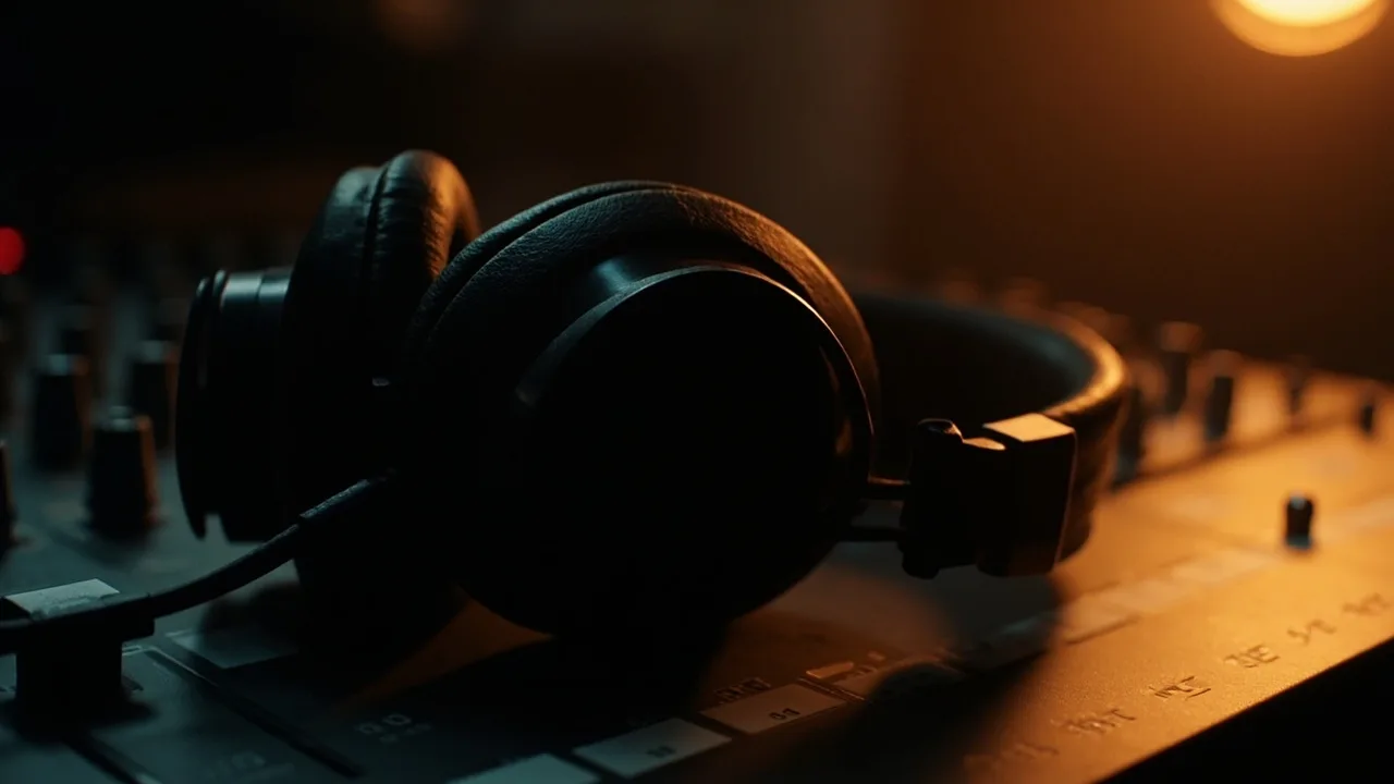 Studio headphones resting on a dark mixing desk.