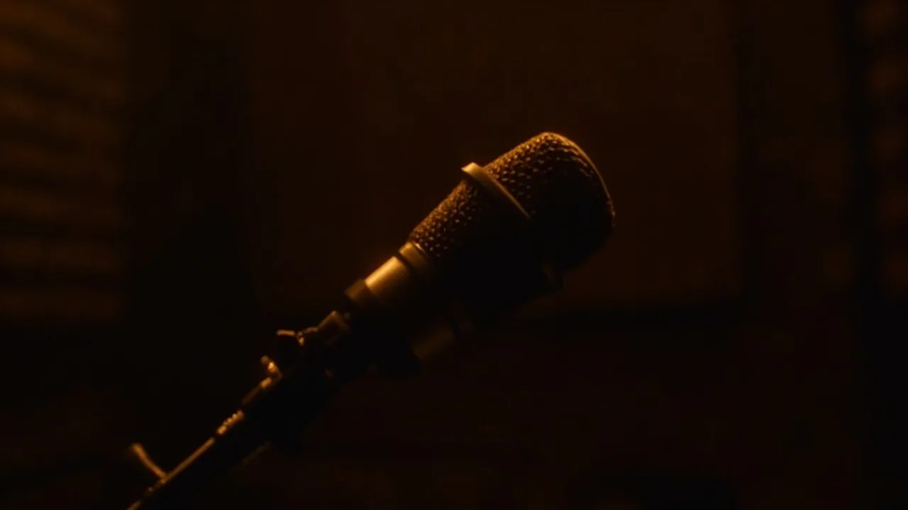 A vintage-style microphone in a padded recording booth.