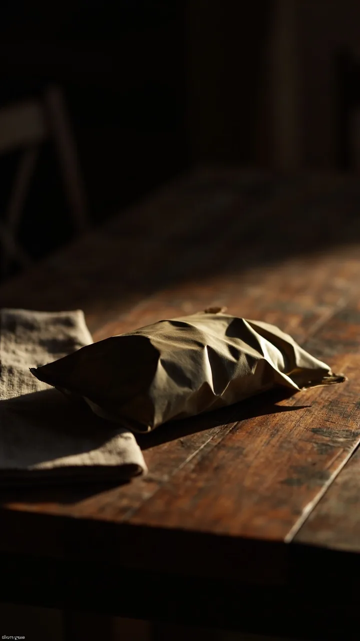 An unbranded snack pouch on a wooden kitchen table.