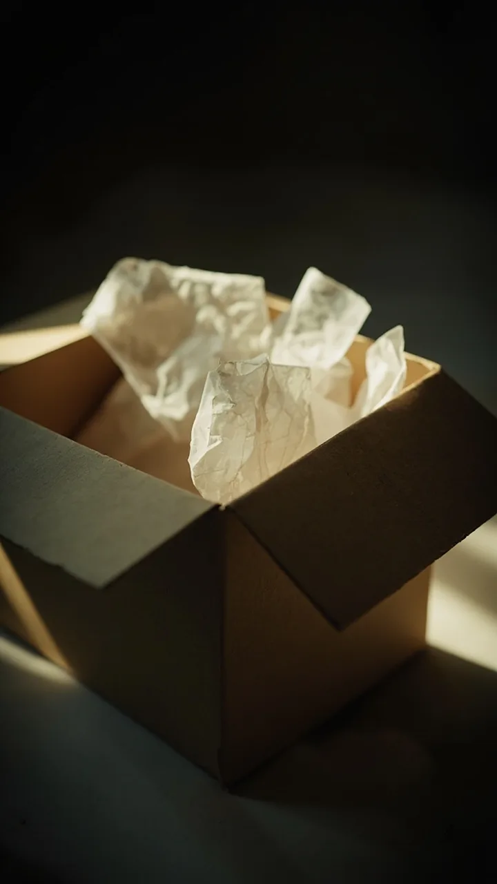 A plain brown mailer box being unboxed, tissue paper spilling out.