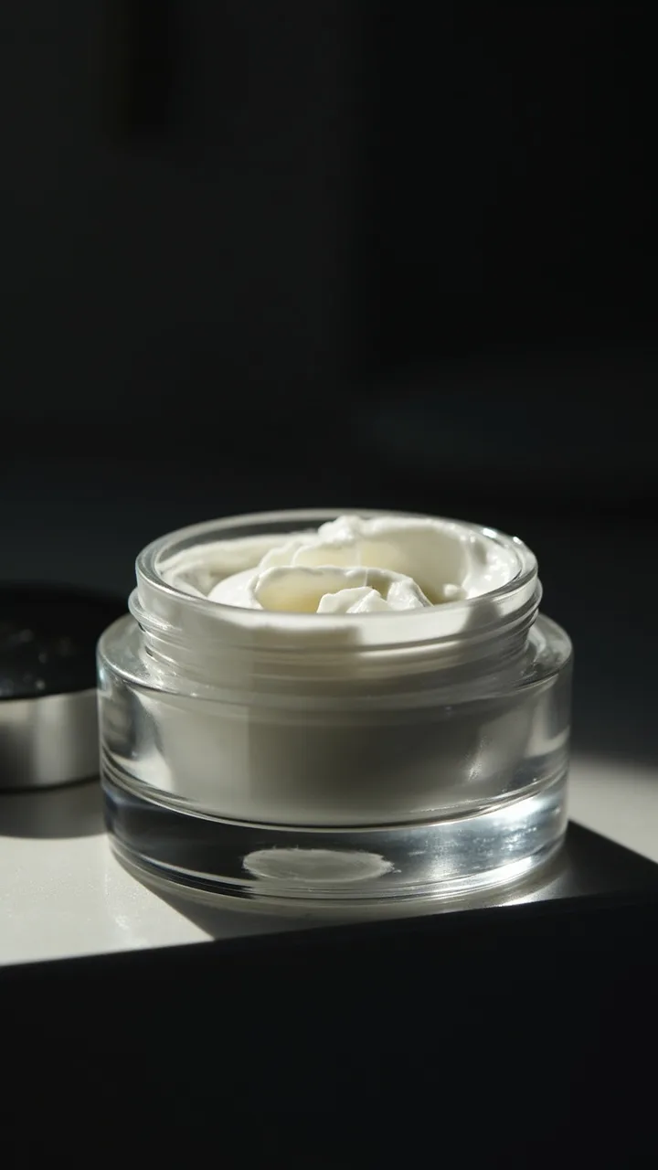 An unbranded glass jar of face cream open on a bathroom shelf.