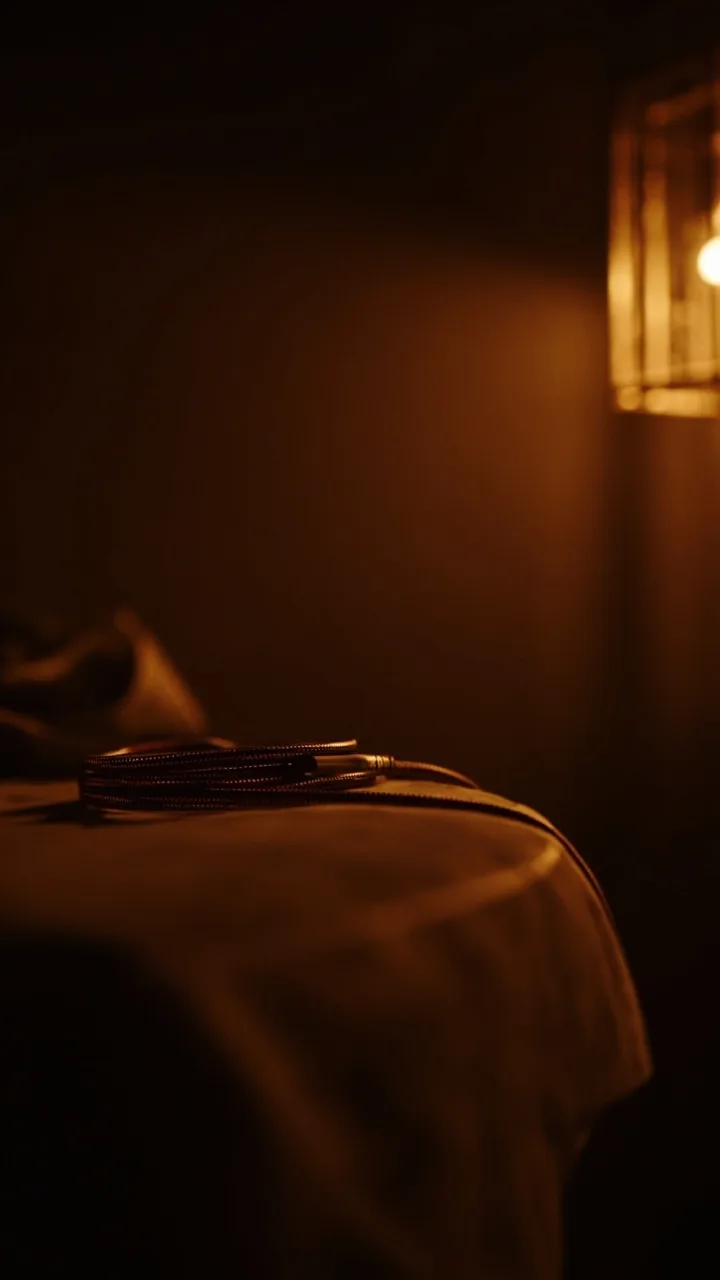 A phone charger coil resting on a bedside table, warm lamp light.