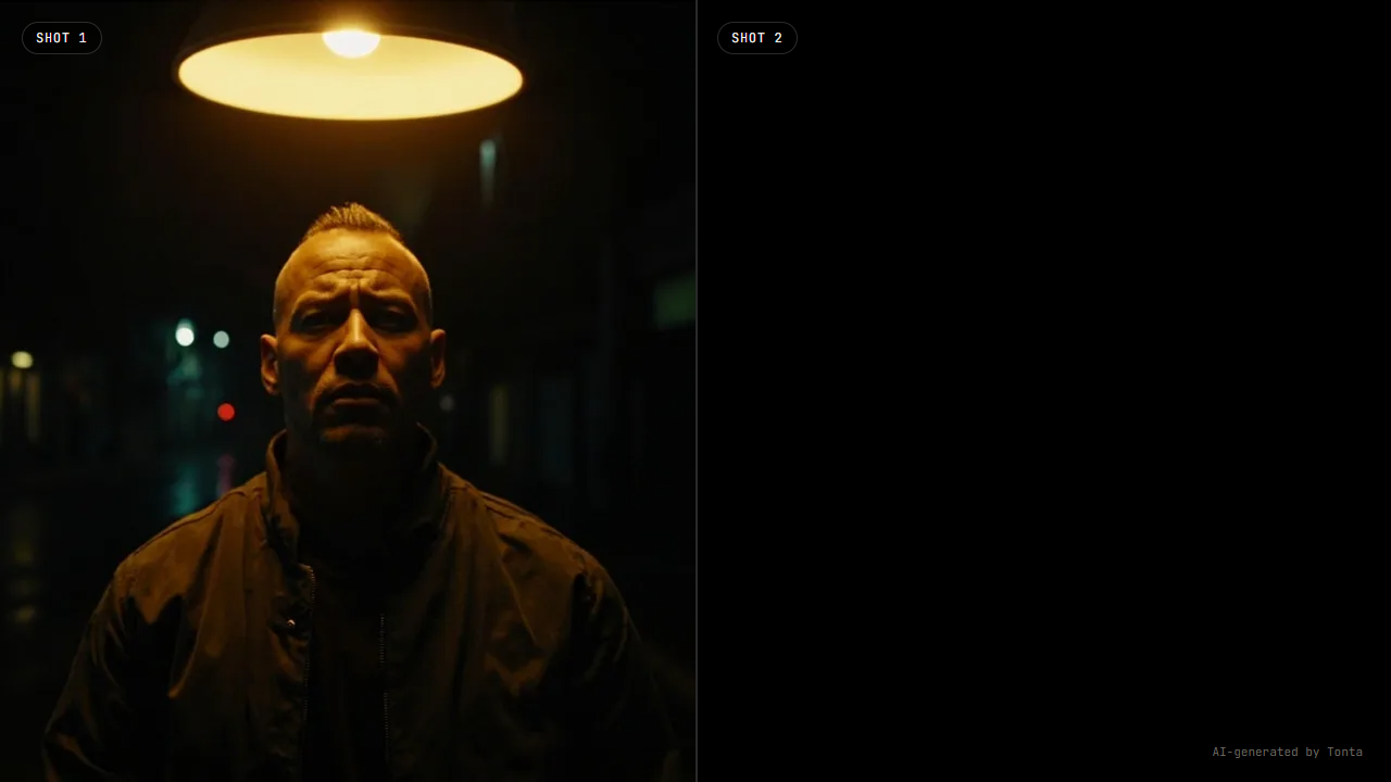 Shot 2 (Strict): the same fictional man in a second scene, held consistent via a reference-guided edit from Shot 1.