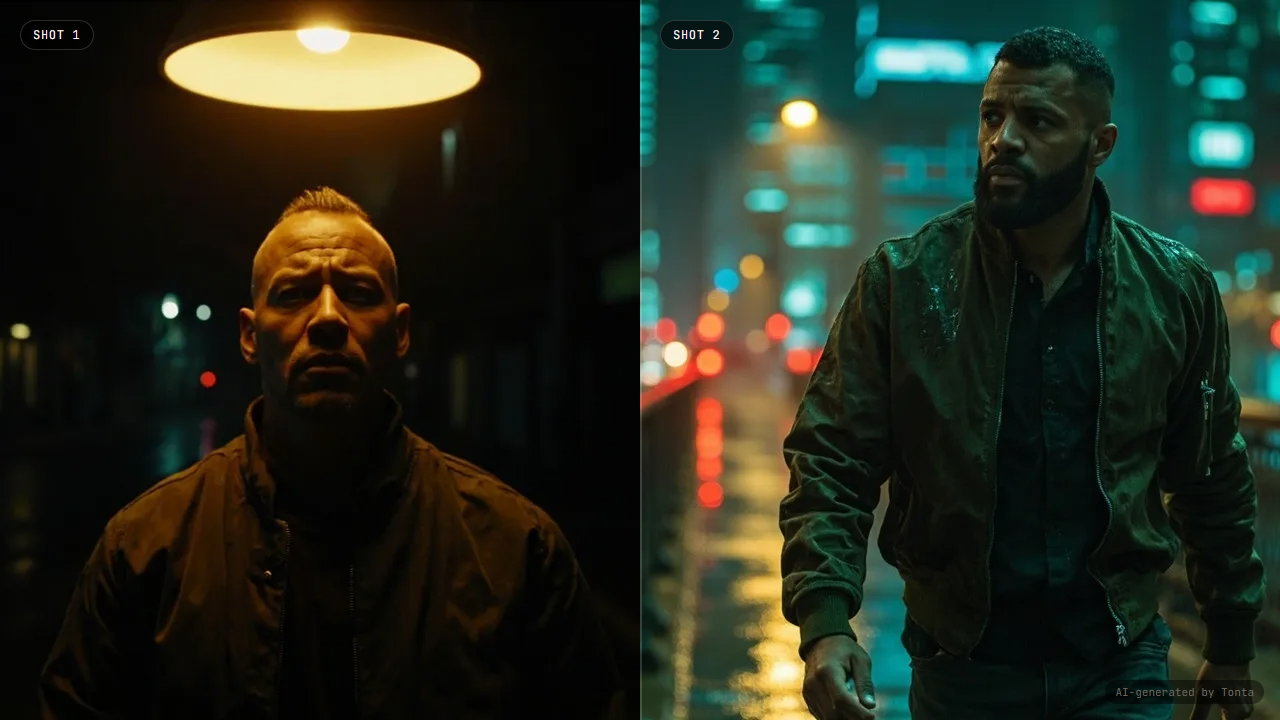 Shot 2 (Loose): the same fictional man, generated independently in a second scene — identity and wardrobe drift.